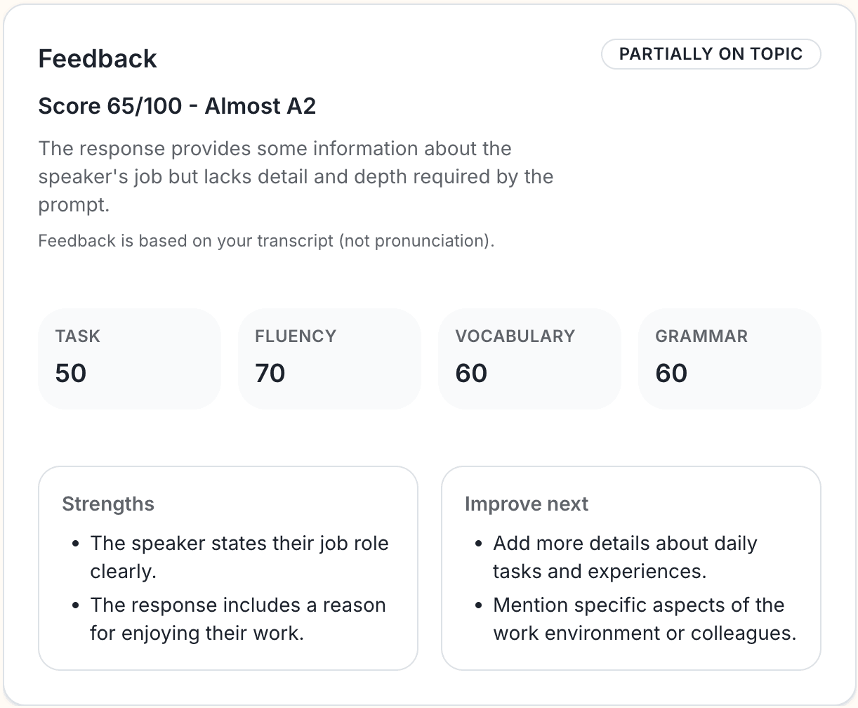 نمونه بازخورد تمرین صحبت کردن که ارزیابی تلفظ، روانی و محتوا را نشان می‌دهد