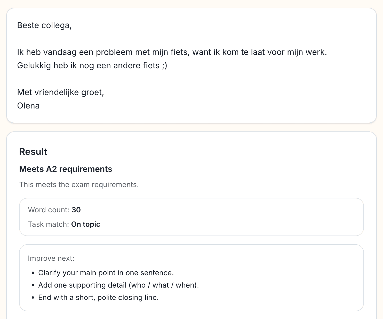 Dilbilgisi, yapı ve kelime hazinesi değerlendirmesini gosteren yazma pratiği geri bildirim orneği