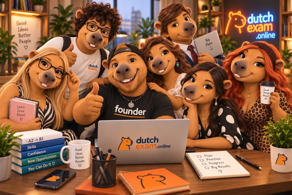 Seven DutchExam capybara mascots gathered around a desk